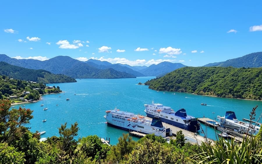 Interislander and Bluebridge Cook Strait ferries berthed in the Marlborough Sounds