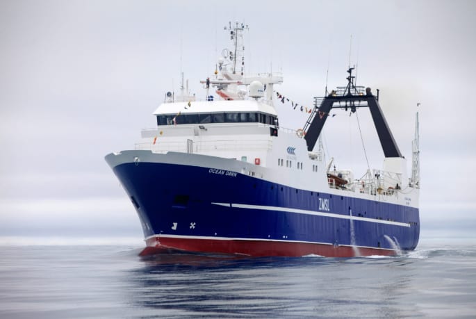 The 64 metre deep sea fishing vessel Ocean Dawn underway on a calm grey day