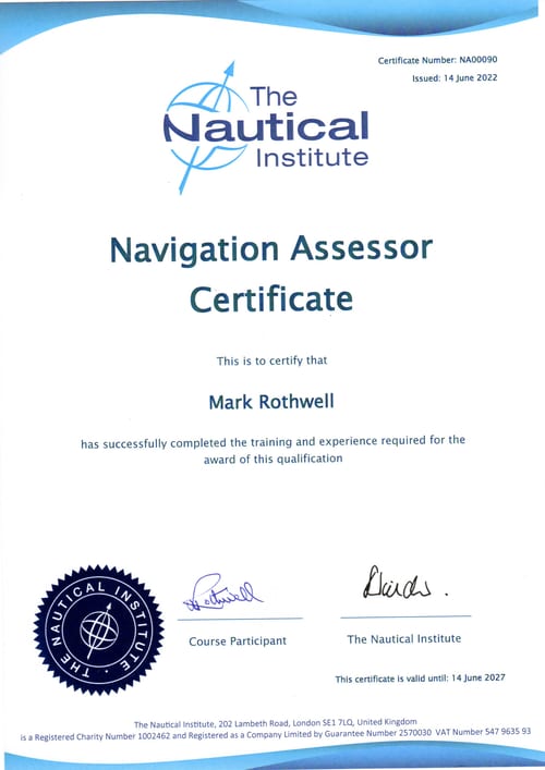 Mark Rothwell's Nautical Institute Navigation Assessor Certificate, number NA00090
